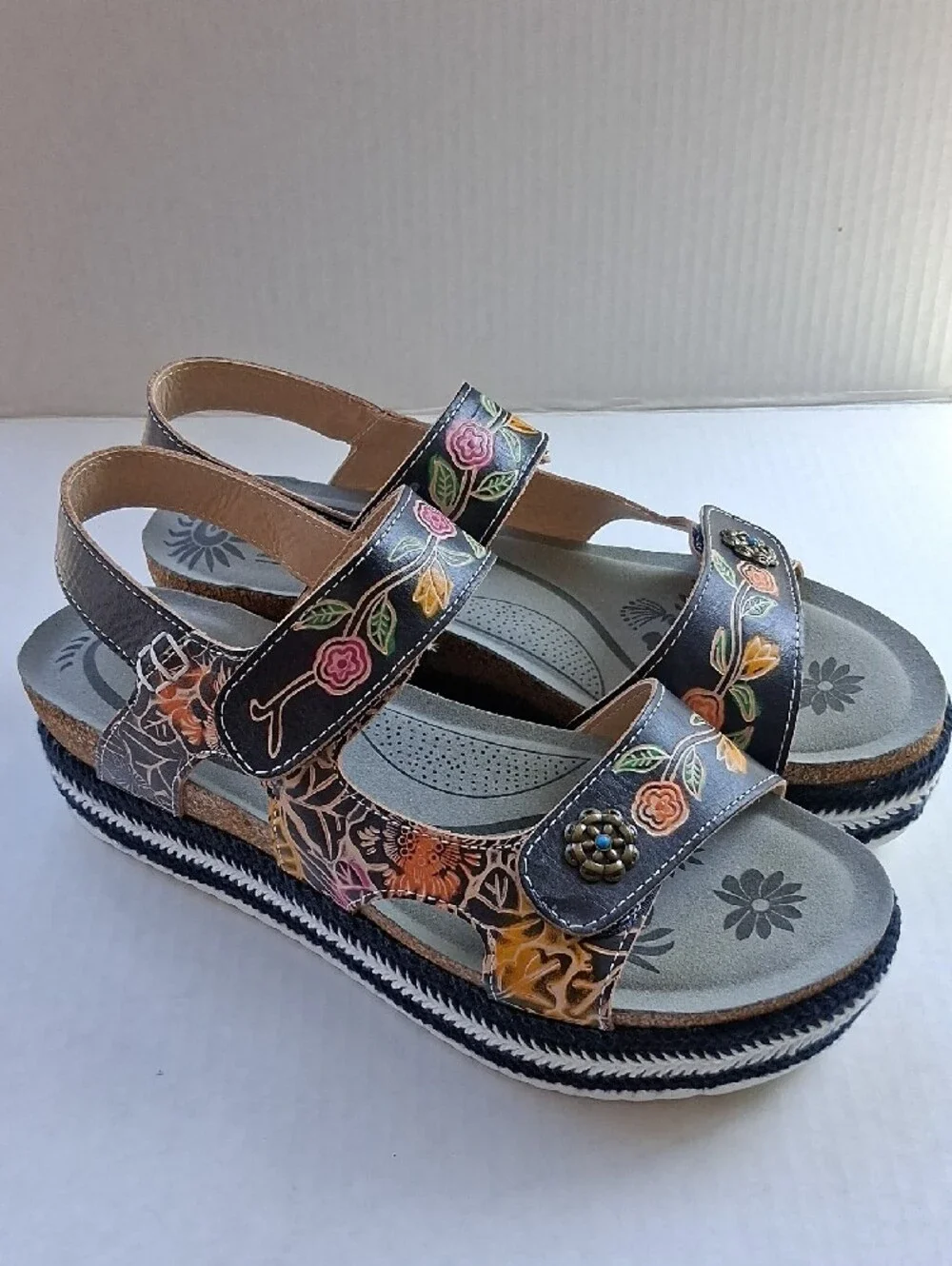 Spring Step Alannah Navy Floral Embroidered Platform Sandals Size EU 39/US 9